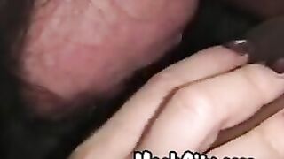 White chick sucking on black clit.