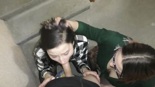 Amateur Threesome blowjob in the entrance - Public double blowjob POV