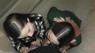 Amateur Threesome blowjob in the entrance - Public double blowjob POV