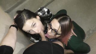Amateur Threesome blowjob in the entrance - Public double blowjob POV