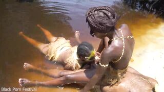 Tribal african girls performing wild sex ritual on me by the river