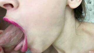 Close up red lipstick oral-job sex and cum in mouth