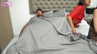 My stepsister invites me to her house, the three of us share a bed and I end up banging her husband.