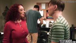 Big breasts aged redhead MILF double penetrated by her students
