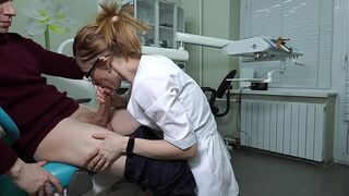 A sexy dentist with glasses sucking dick. Cum in mouth