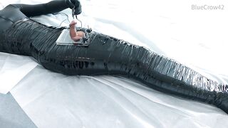 femboy in catsuit and thigh boots self mummified and CBT balls torture e-stimluation and cum