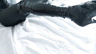 femboy in catsuit and thigh boots self mummified and CBT balls torture e-stimluation and cum
