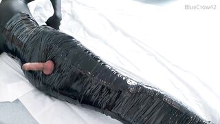 femboy in catsuit and thigh boots self mummified and CBT balls torture e-stimluation and cum