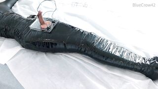 femboy in catsuit and thigh boots self mummified and CBT balls torture e-stimluation and cum