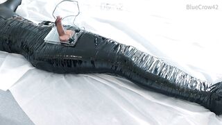 femboy in catsuit and thigh boots self mummified and CBT balls torture e-stimluation and cum