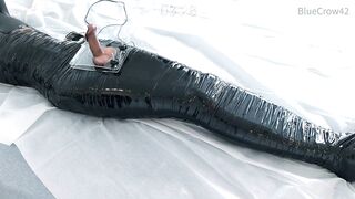 femboy in catsuit and thigh boots self mummified and CBT balls torture e-stimluation and cum