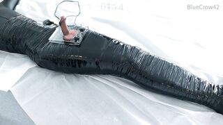 femboy in catsuit and thigh boots self mummified and CBT balls torture e-stimluation and cum