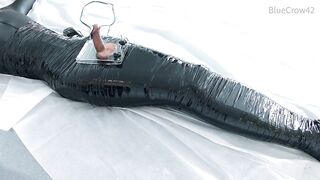 femboy in catsuit and thigh boots self mummified and CBT balls torture e-stimluation and cum
