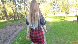 Wicked gal in miniskirt no panties flashing in the park (public upskirt)