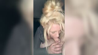 Golden-haired hooker gives a oral pleasure in public and lets the stud nut in her mouth then spits the cum back out on his shlong to suck in some more