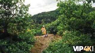 VIP4K. Met a naked stranger with hot breasts in the forest. Hot sex with Emejota
