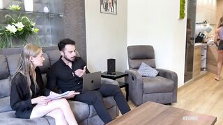 I spy my boyfriend screwing his concupiscent coworker. Mi joins and licks the cum off her twat