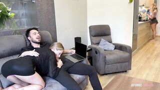 I spy my boyfriend screwing his concupiscent coworker. Mi joins and licks the cum off her twat