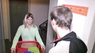 Big booty tattooed wife just came to her neighbor for help about her laundry...then she suddenly accepts and a bang assist