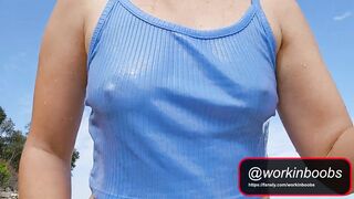 Flash Tits Walking Topless and Showering on Beach