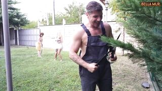The gardener flirts with the local gals of the house owner