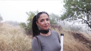 Pretty Spanish female-dominator gets butt punished and fastened up for void urine play by an olive grove
