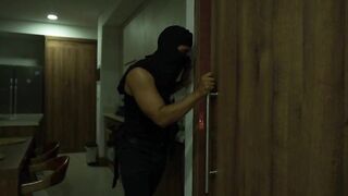 A stranger enters the home of busty blonde MILF Monique Fuentes, and she knows how to treat him.