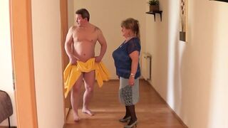 Slutty oma sucks a massive schlong then rides it like a star