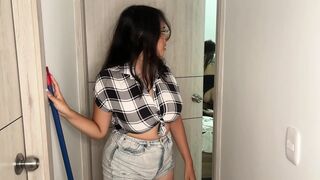 Cleaning girl discovers couple fucking and joins in an astonishing threesome