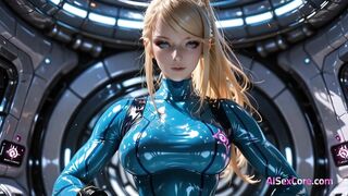 Floating above metal floors Samus straddles hard her constricted body turning zero gravity into sweaty hot sex (AI)