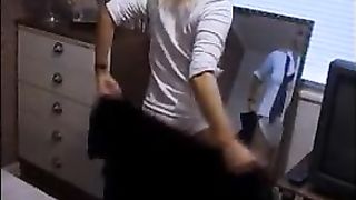 Woman changes into school uniform