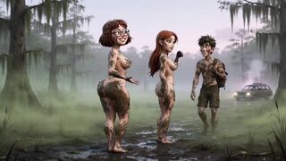 two stunning honeys lose their clothing in a dark swamp searching for their friend and end up nude in the mud (AI generated)