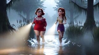 two stunning honeys lose their clothing in a dark swamp searching for their friend and end up nude in the mud (AI generated)