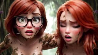 two stunning honeys lose their clothing in a dark swamp searching for their friend and end up nude in the mud (AI generated)