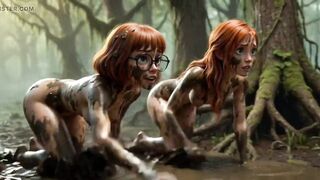 two stunning honeys lose their clothing in a dark swamp searching for their friend and end up nude in the mud (AI generated)