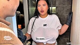 Busty Latin chick maid has passionate sex with her boss to get a raise - Savannah Watson