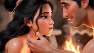 Stone Age Heat Sweaty Cavewife Cleans In nature's garb and Welcomes Husband Home Passionately (AI generated)