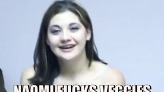 Horny playgirl masturbates with food on a bed