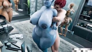 Comandante Futanari macetando a alien azul no vestiario com todos olhando - Mass Effect - 3D - animação