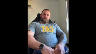 Pumped up Aussie Bloke Edges in Office Chair & Explodes POV All Over Your Face
