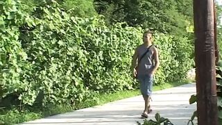 Sexually excited guy banging hot honey doggy position outdoors