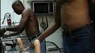 Horny golden-haired in stockings screwed into butt by black dong