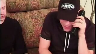 Blonde twink and chap in cap have a three-some with a sexy golden-haired wench