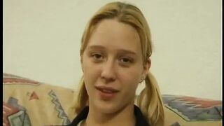 Blonde teen with small bazookas gets exposed at casting