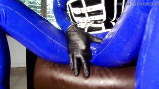 masturbation in my blue latex catsuit with condom