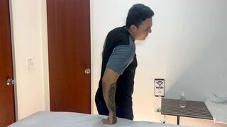 Small Asian woman with big boobs and a big booty gives a massage, with cum in her cunt - creampie