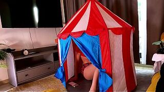 Sexy and concupiscent brunette wench loves to give creamy and oily handjobs to jocks in a tent within a uniform miniskirt