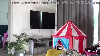Sexy and concupiscent brunette wench loves to give creamy and oily handjobs to jocks in a tent within a uniform miniskirt