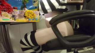 Femboy rides thrusting buttplug while playing fortnite