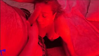 Sexually excited Latin chick MILF in Red Light Spits on Penis, Sucks Balls, Gives Handjob and Facial Ejaculation